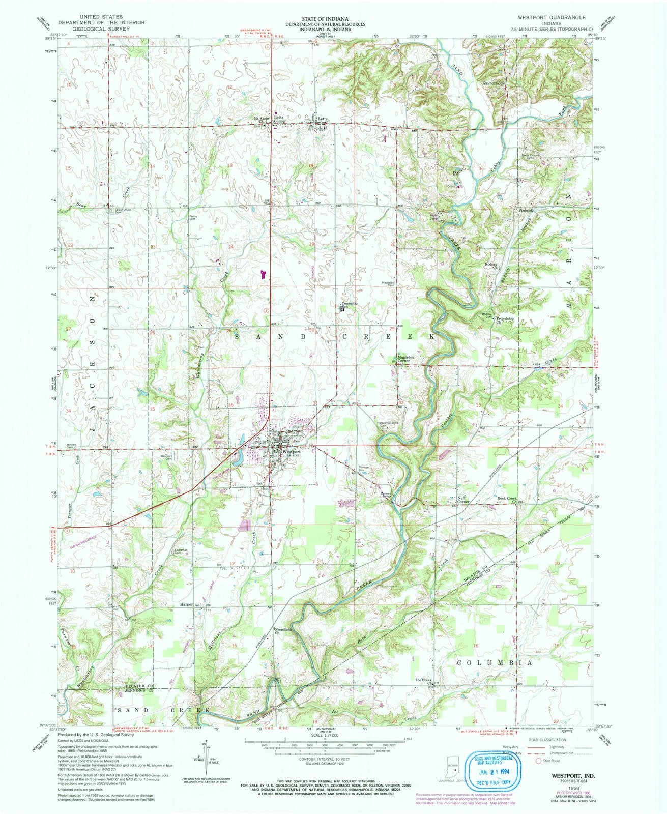 1958 Westport, in - Indiana - USGS Topographic Map