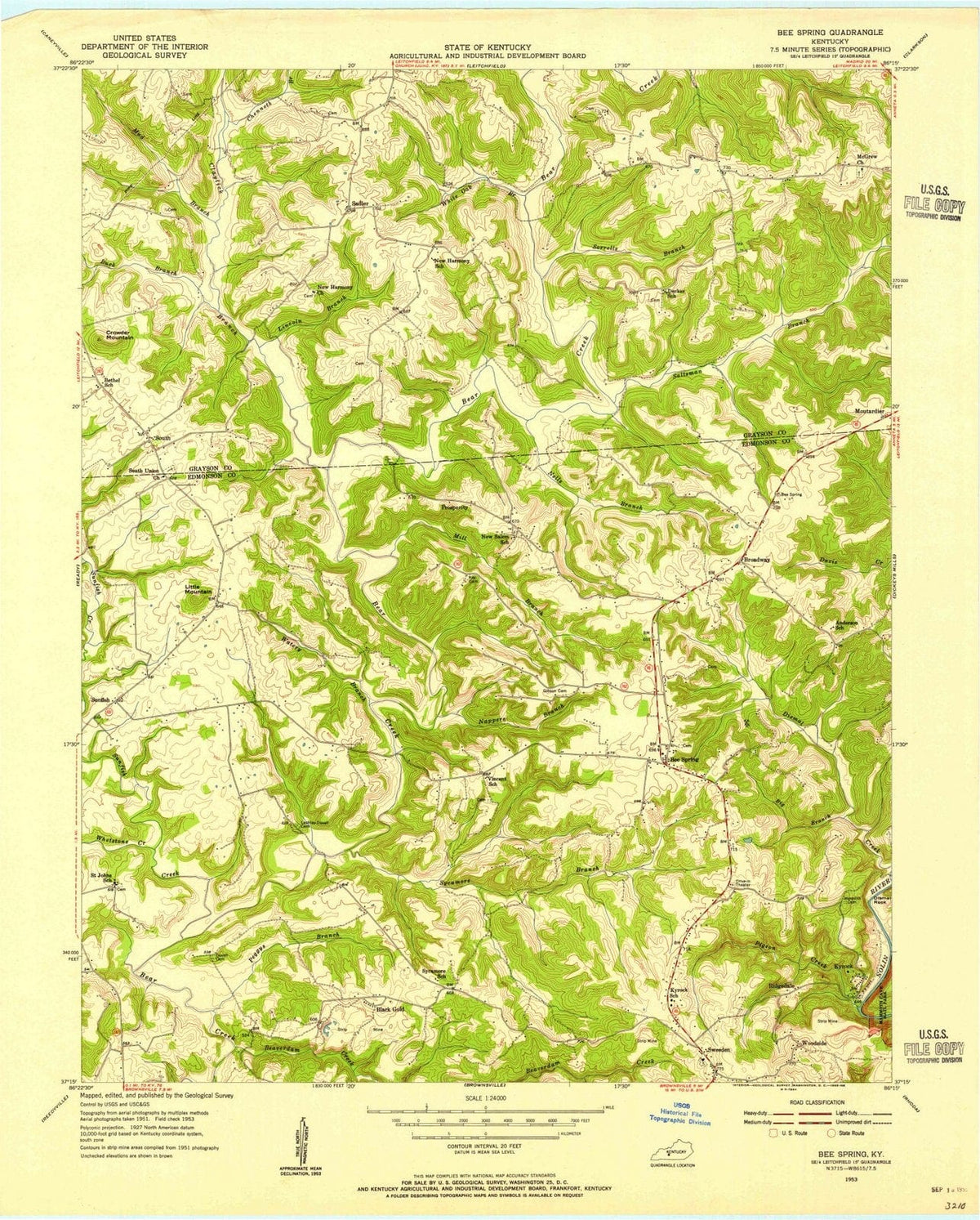 1953 Bee Spring, KY - Kentucky - USGS Topographic Map