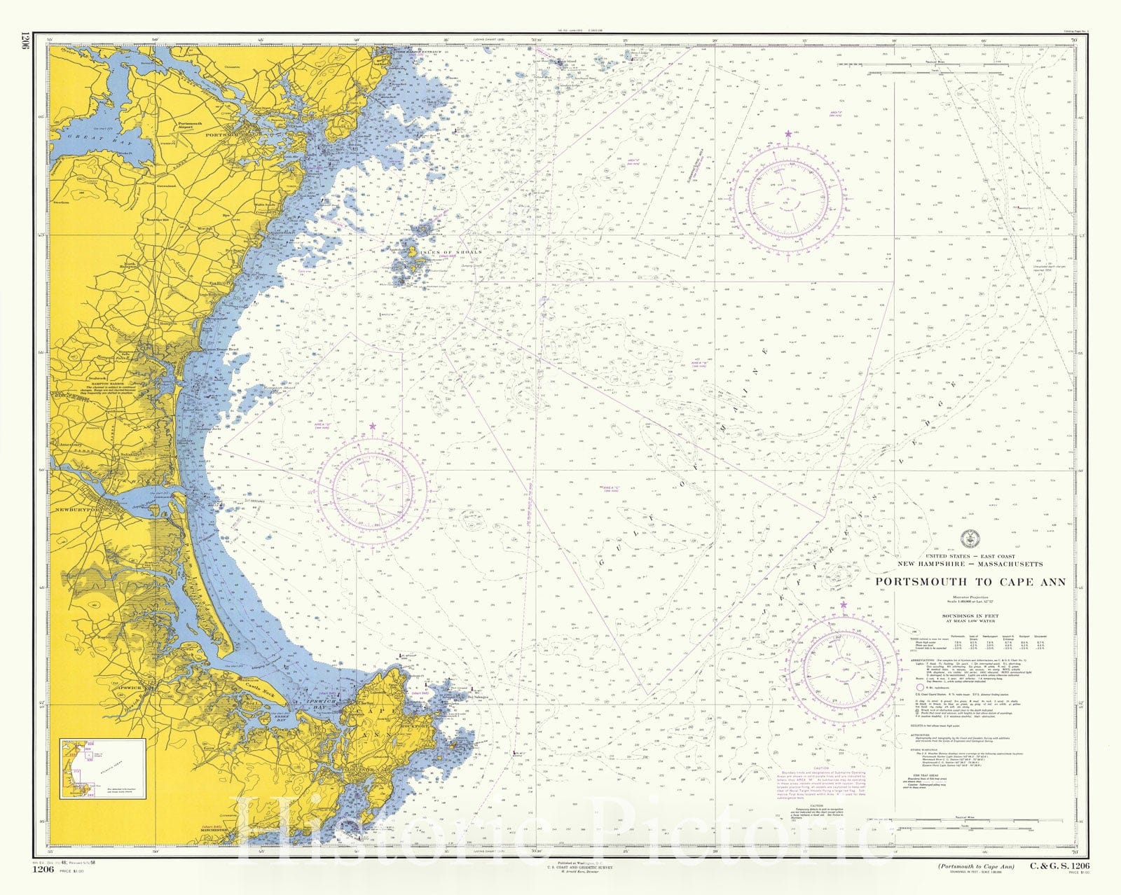 Historic Nautical Map - Portsmouth To Cape Ann, 1958 NOAA Chart - New Hampshire, Massachusetts (NH, MA) - Vintage Wall Art