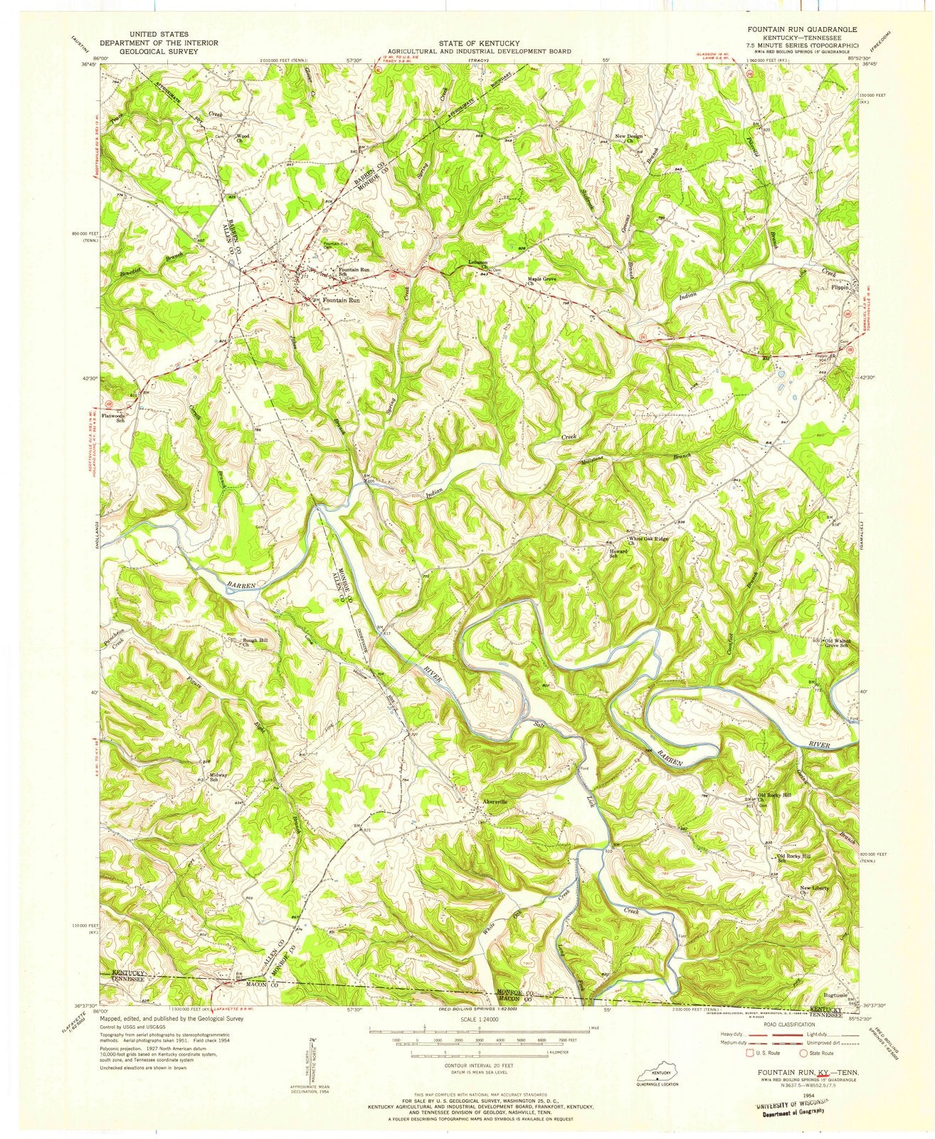 1954 Fountain Run, KY - Kentucky - USGS Topographic Map