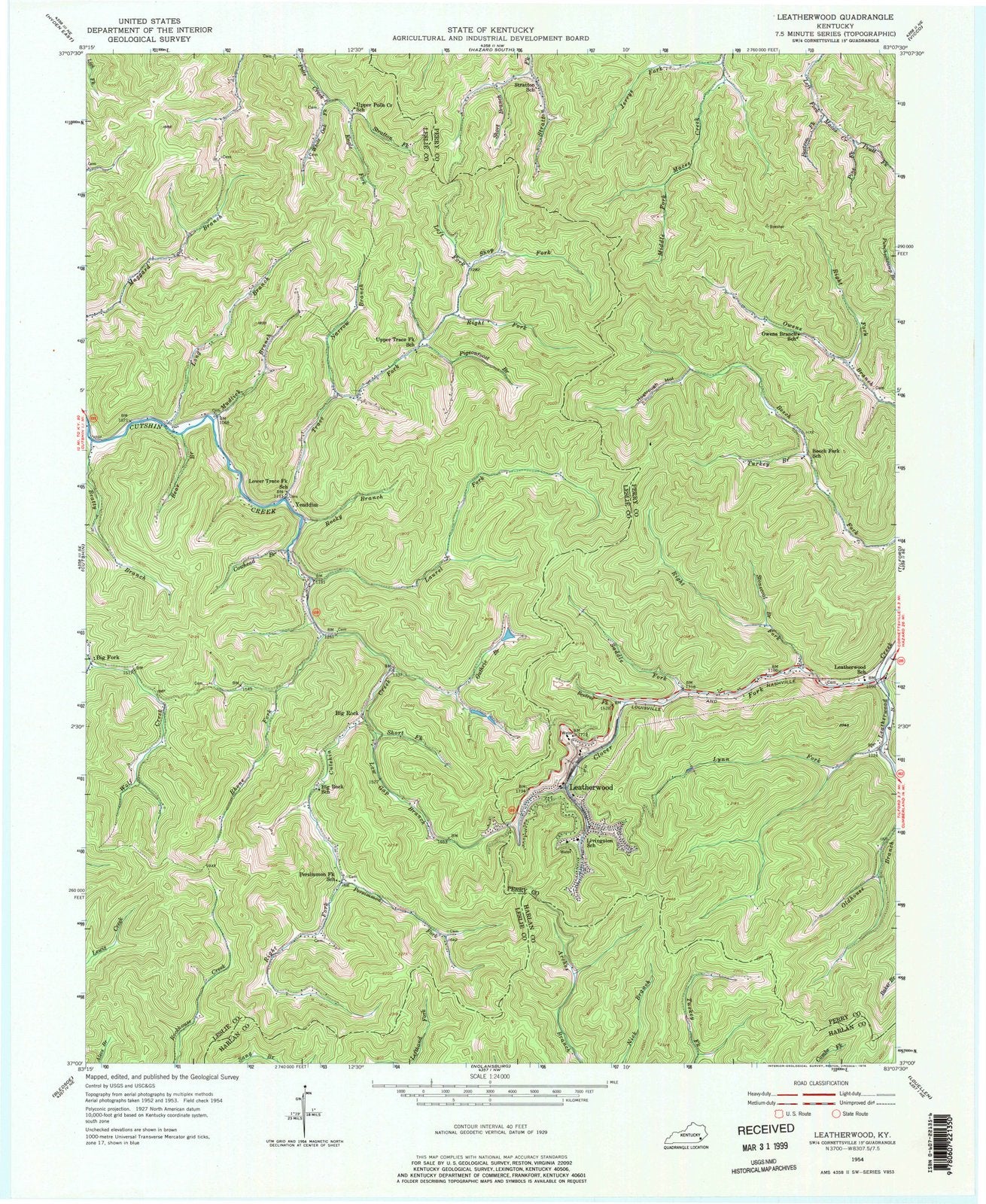 1954 Leatherwood, KY - Kentucky - USGS Topographic Map
