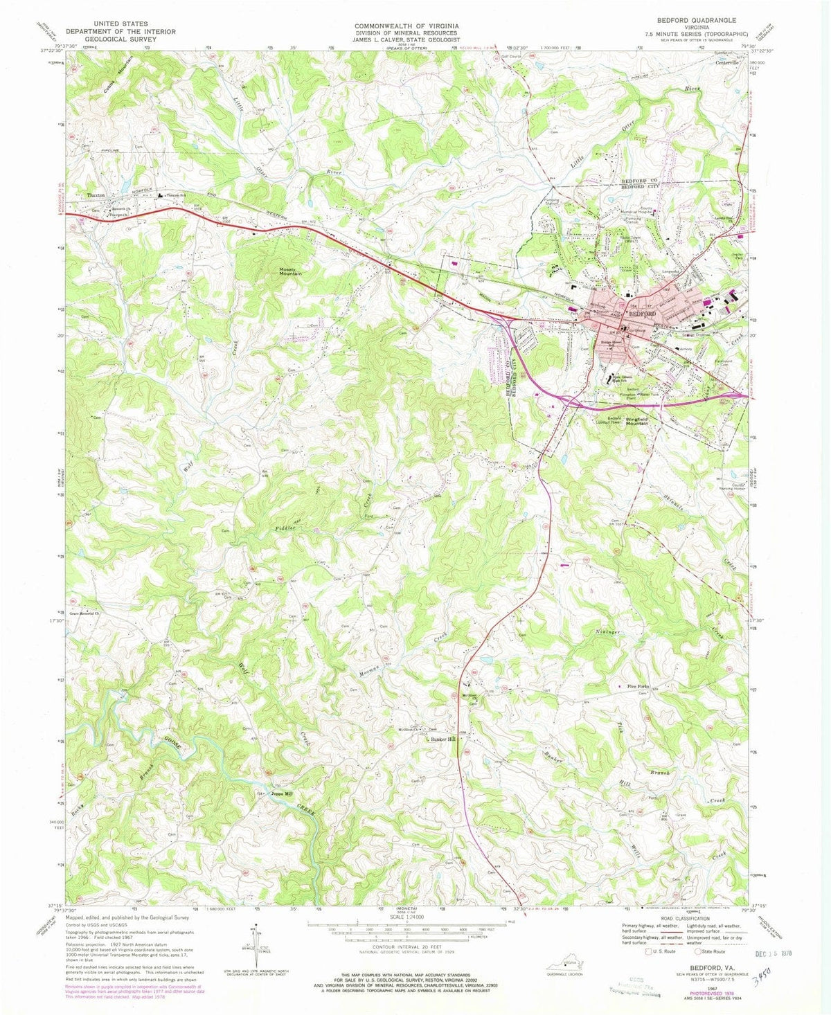 1967 Bedford, VA - Virginia - USGS Topographic Map