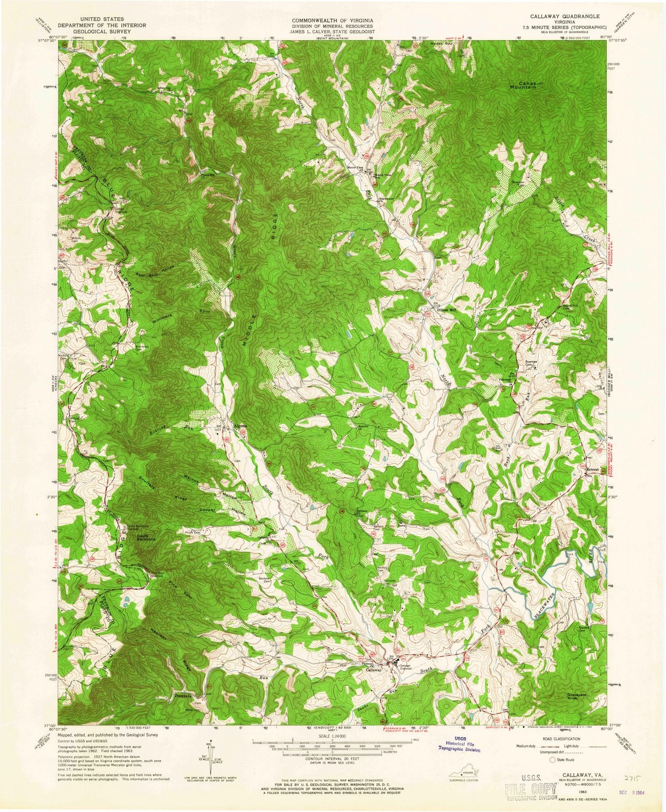 1963 Callaway, VA - Virginia - USGS Topographic Map