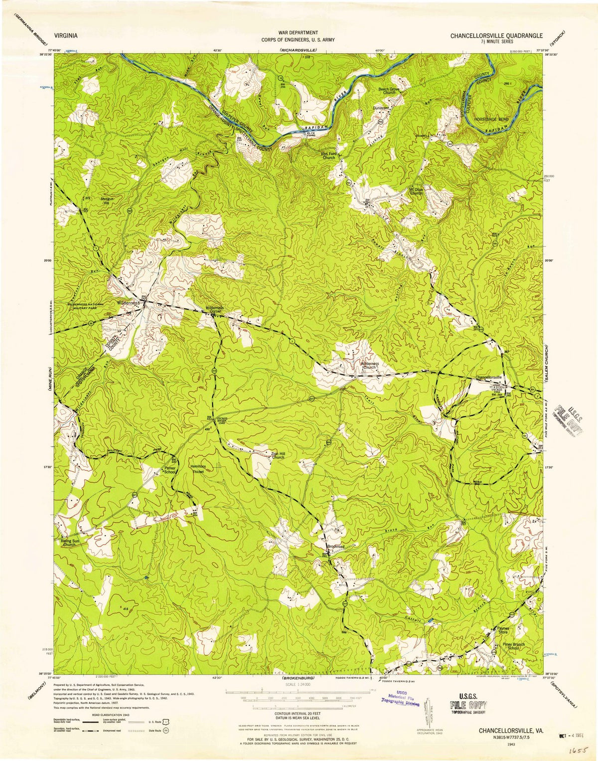 1943 Chancellorsville, VA - Virginia - USGS Topographic Map