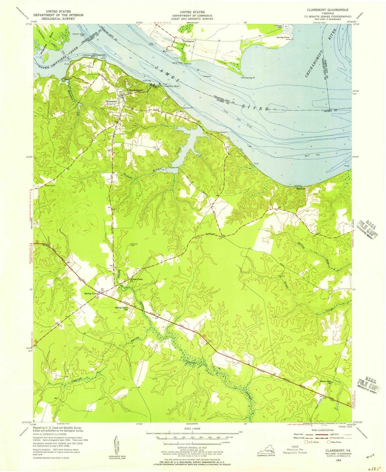 1954 Claremont, VA - Virginia - USGS Topographic Map