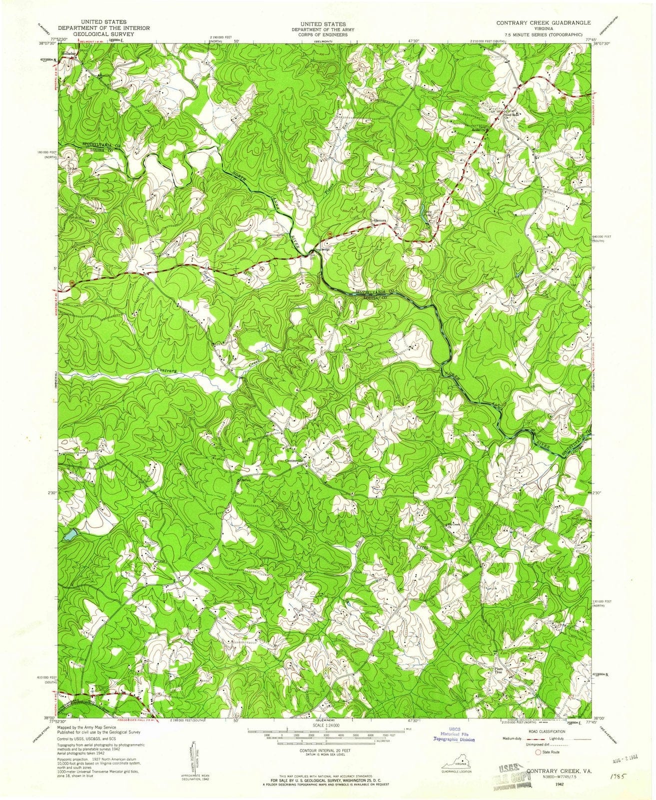 1942 Contrary Creek, VA - Virginia - USGS Topographic Map