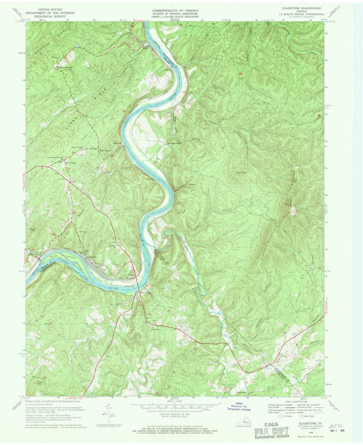 1969 Gladstone, VA - Virginia - USGS Topographic Map