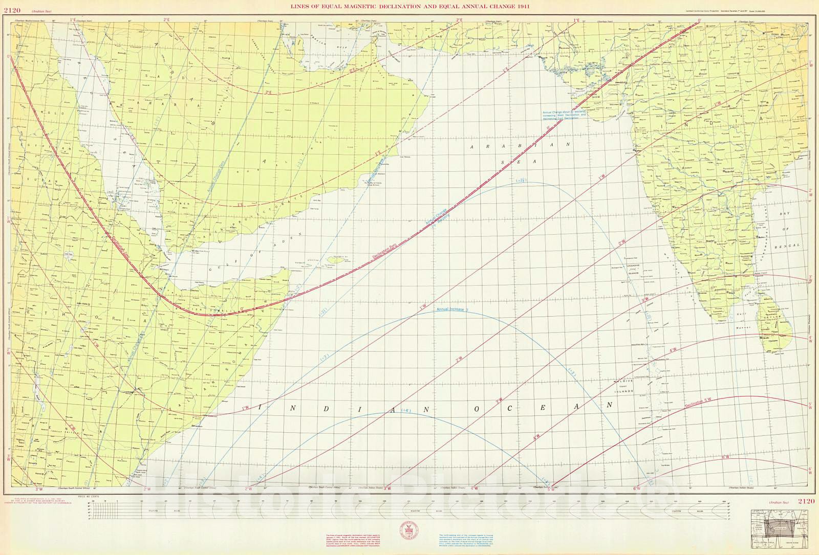 Historic Nautical Map - Arabian Sea, 1943 NOAA Magnetic Historic Nautical Map - Vintage Wall Art