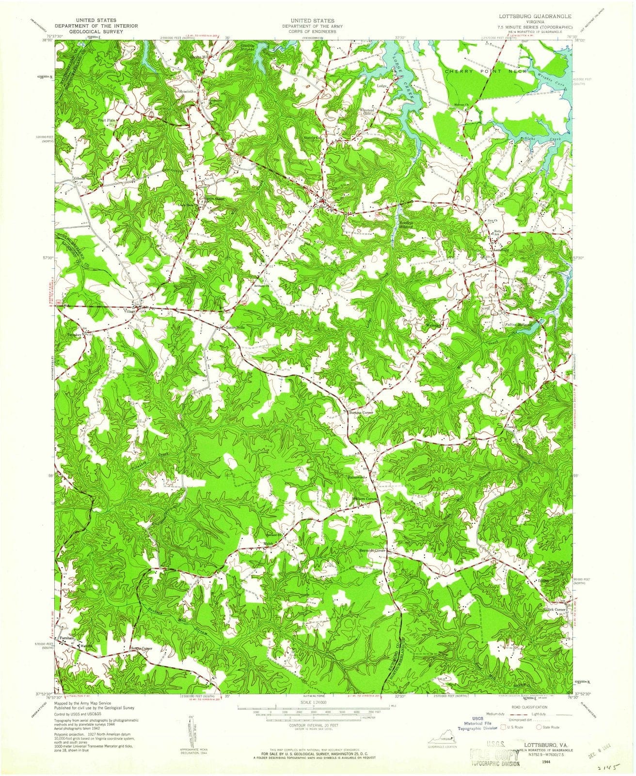 1944 Lottsburg, VA - Virginia - USGS Topographic Map