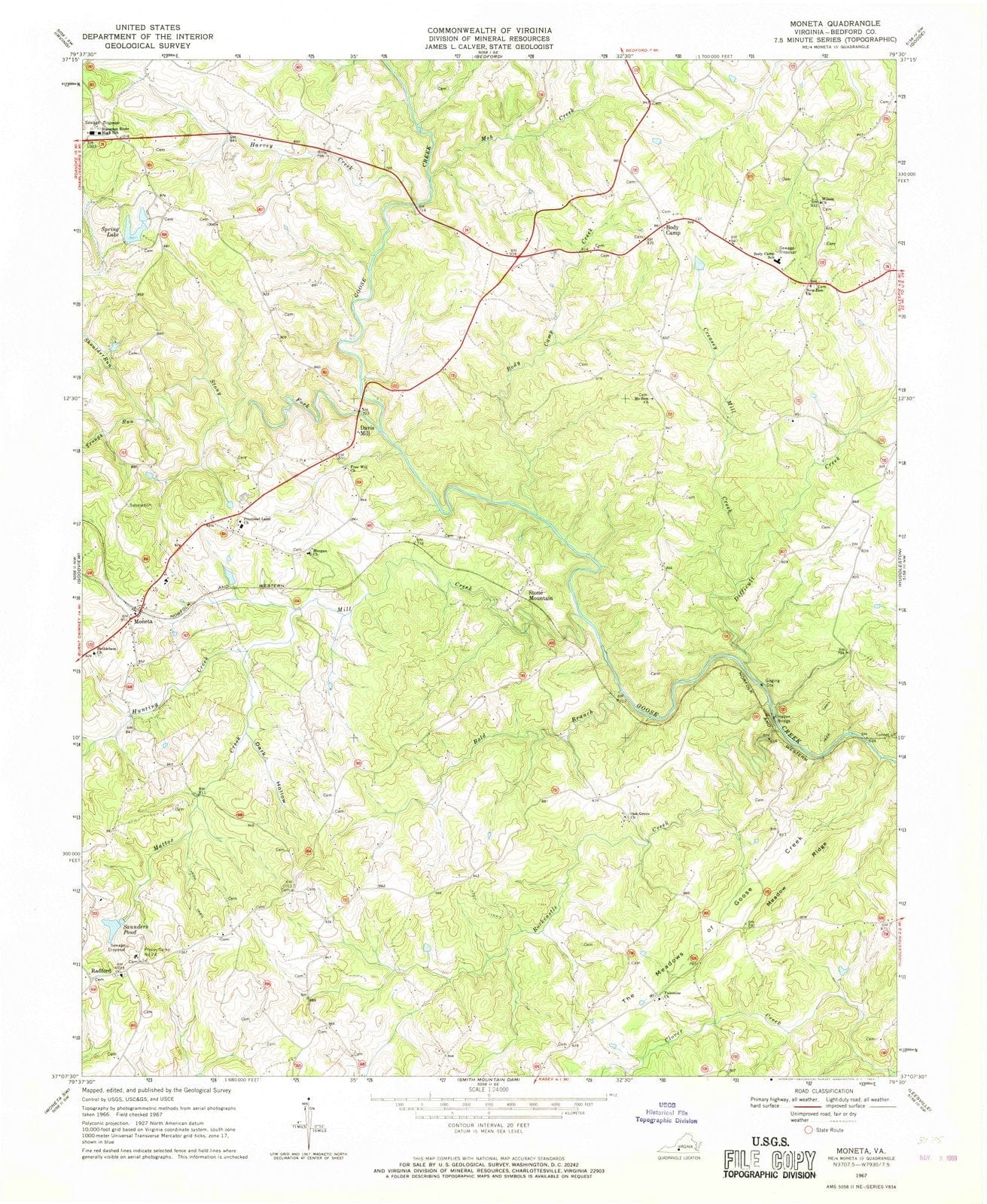 1967 Moneta, VA - Virginia - USGS Topographic Map