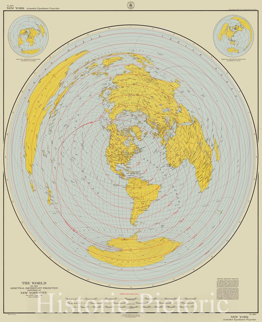 Historic Nautical Map - The World On The Azimuthal Equidistant Projection Centered At New York City, 1951 NOAA Base Historic Nautical Map - New York (NY) - Vintage Wall Art