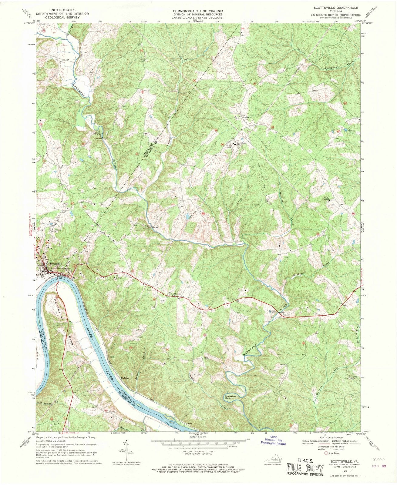 1967 Scottsville, VA - Virginia - USGS Topographic Map