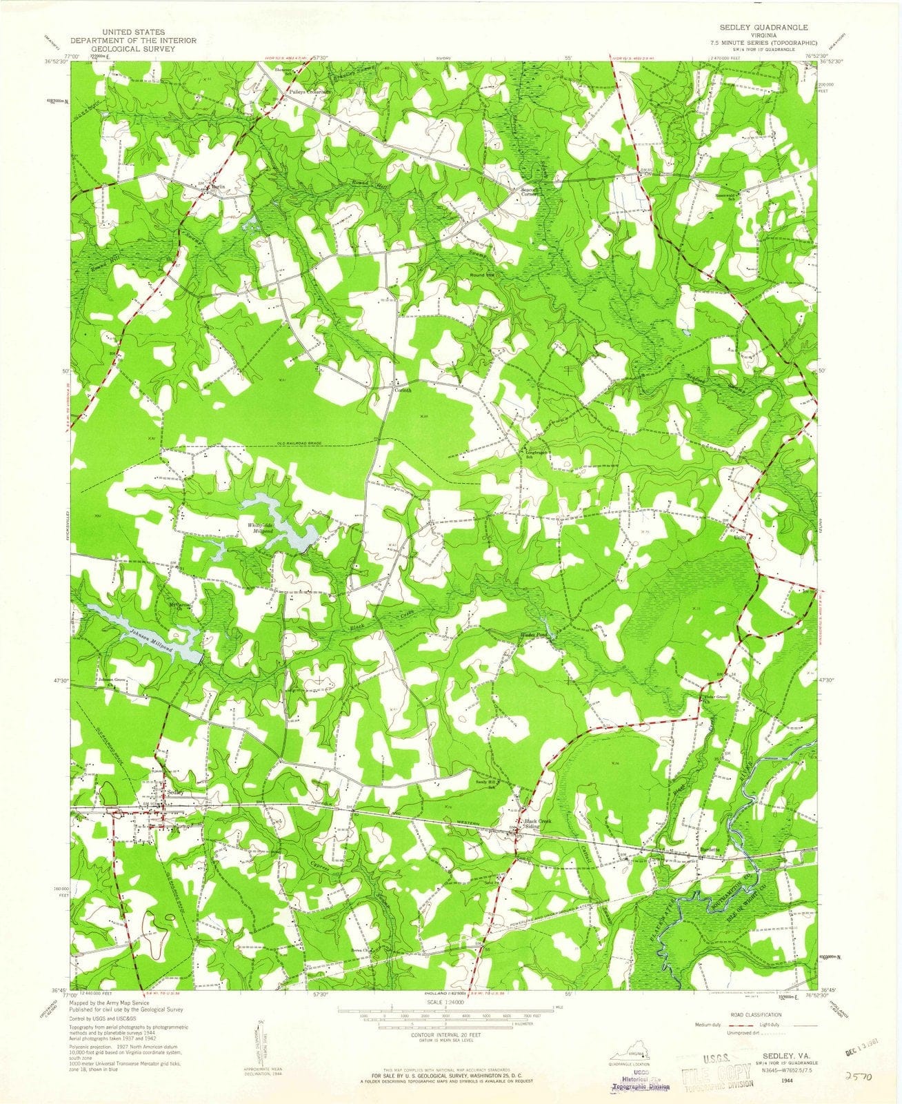 1944 Sedley, VA - Virginia - USGS Topographic Map