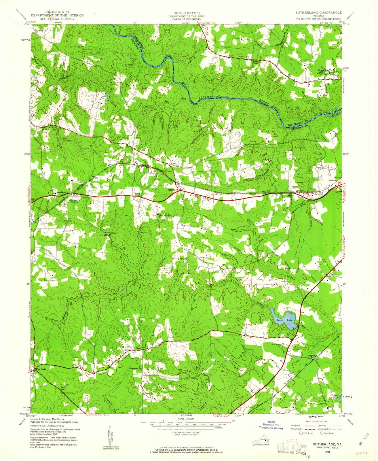 1943 Sutherland, VA - Virginia - USGS Topographic Map
