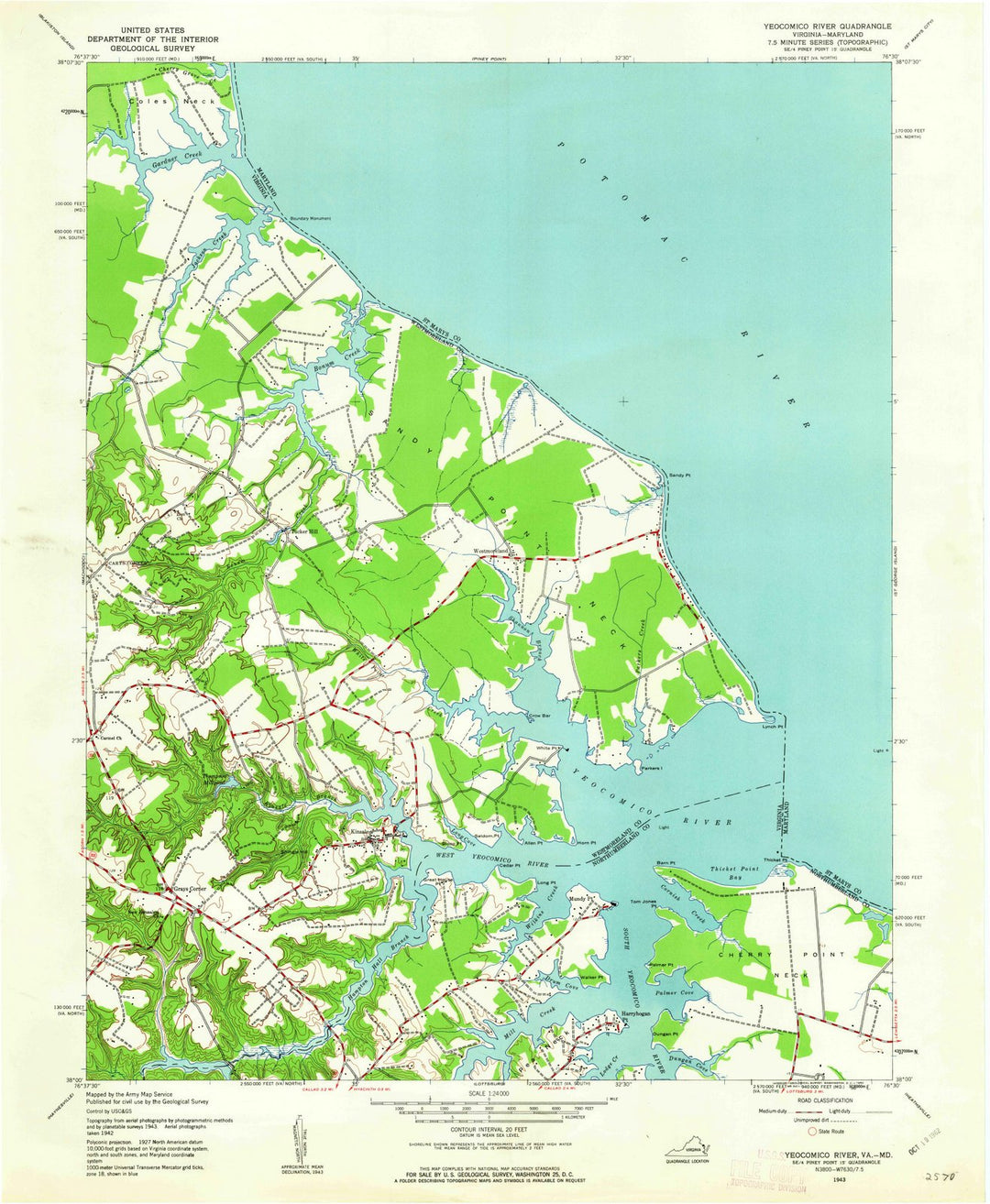 1943 Yeocomico River, VA - Virginia - USGS Topographic Map
