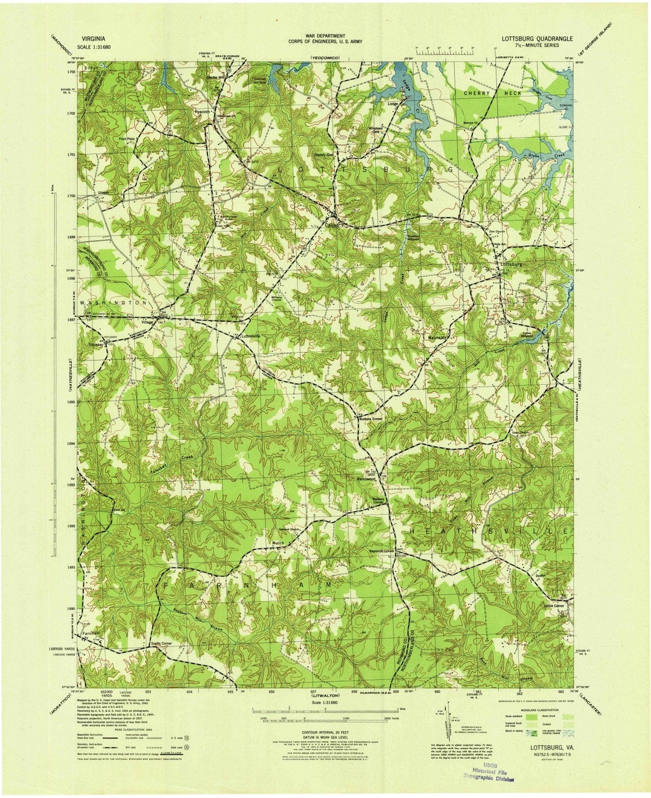 1944 Lottsburg, VA - Virginia - USGS Topographic Map