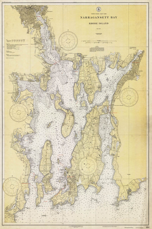 Historic Nautical Map - Narragansett Bay, Rhode Island, 1930 NOAA Chart - Rhode Island (RI) - Vintage Wall Art