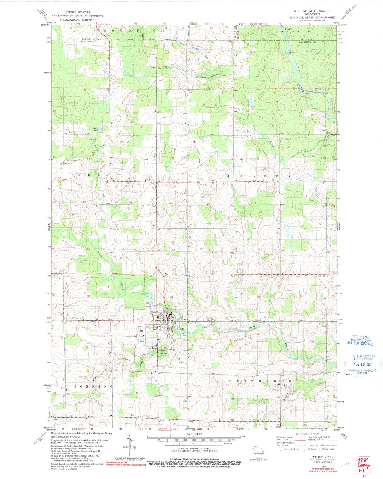 1980 Athens, WI - Wisconsin - USGS Topographic Map