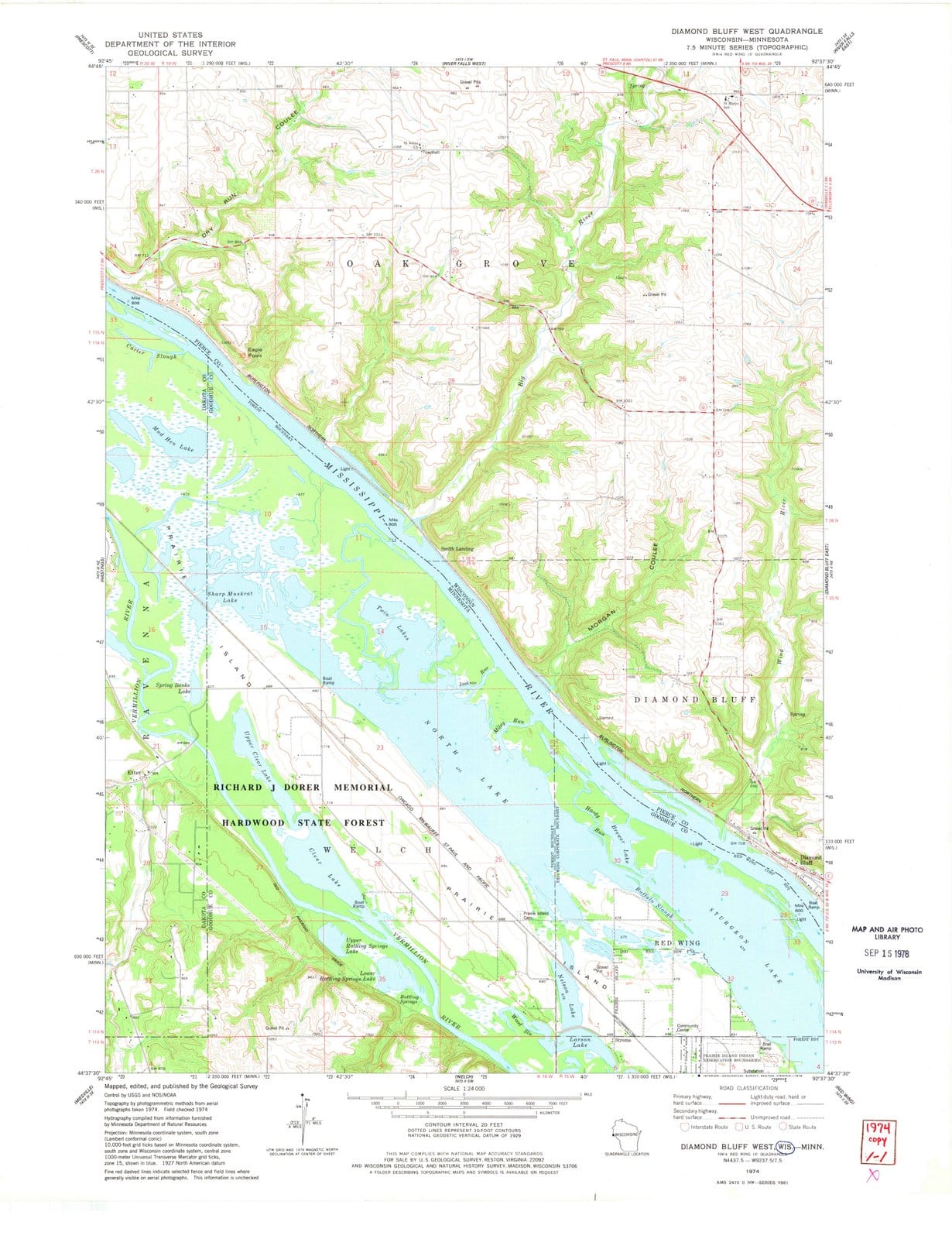 1974 Diamond Bluff West, WI - Wisconsin - USGS Topographic Map
