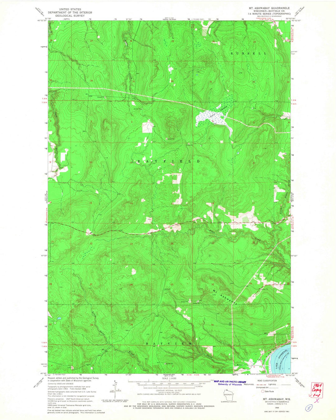 1964 Mt. Ashwabay, WI - Wisconsin - USGS Topographic Map