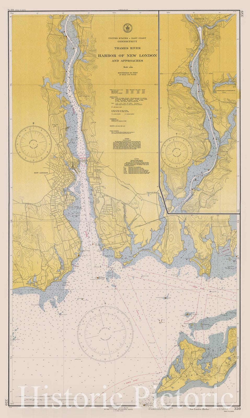 Historic Nautical Map - Thames River - Harbor Of New London & Approaches, Ri, 1941 NOAA Chart - Connecticut (CT) - Vintage Wall Art