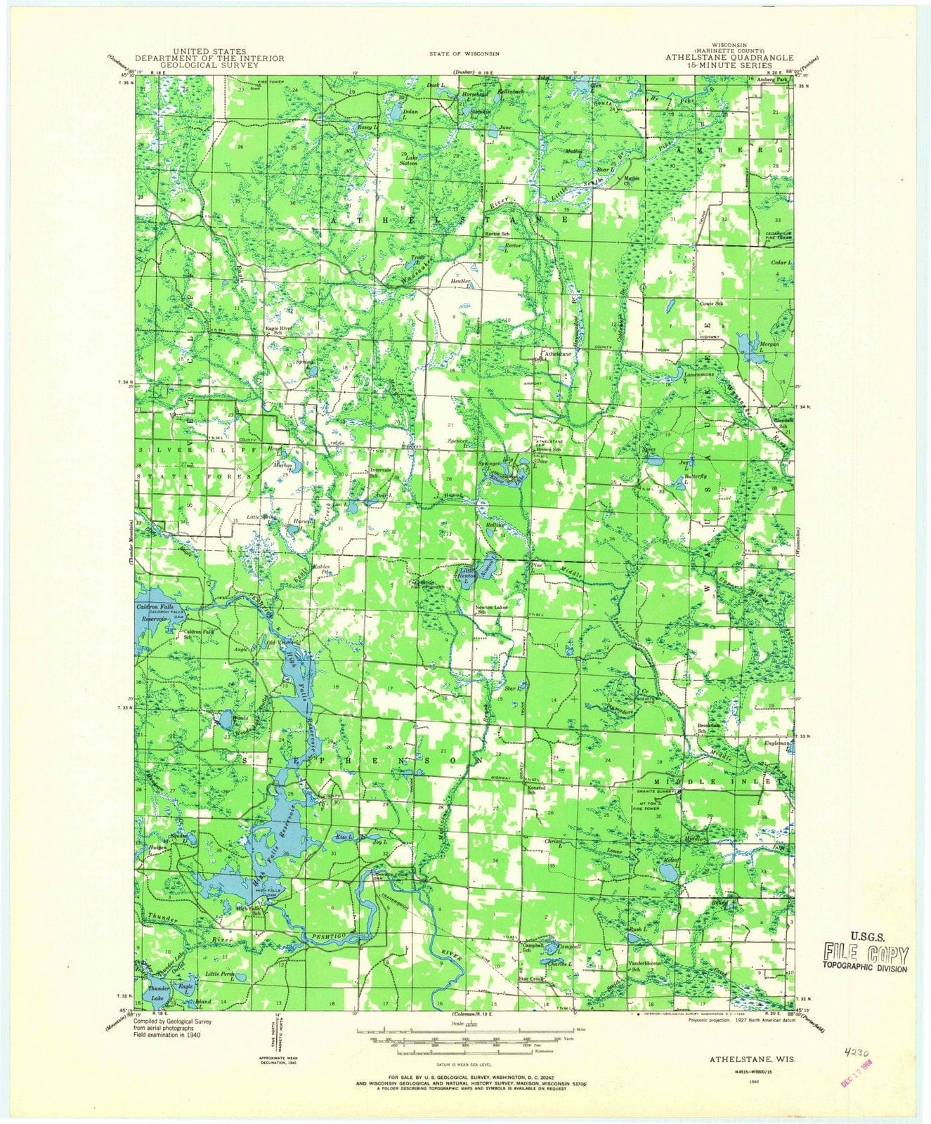 1940 Athelstane, WI - Wisconsin - USGS Topographic Map