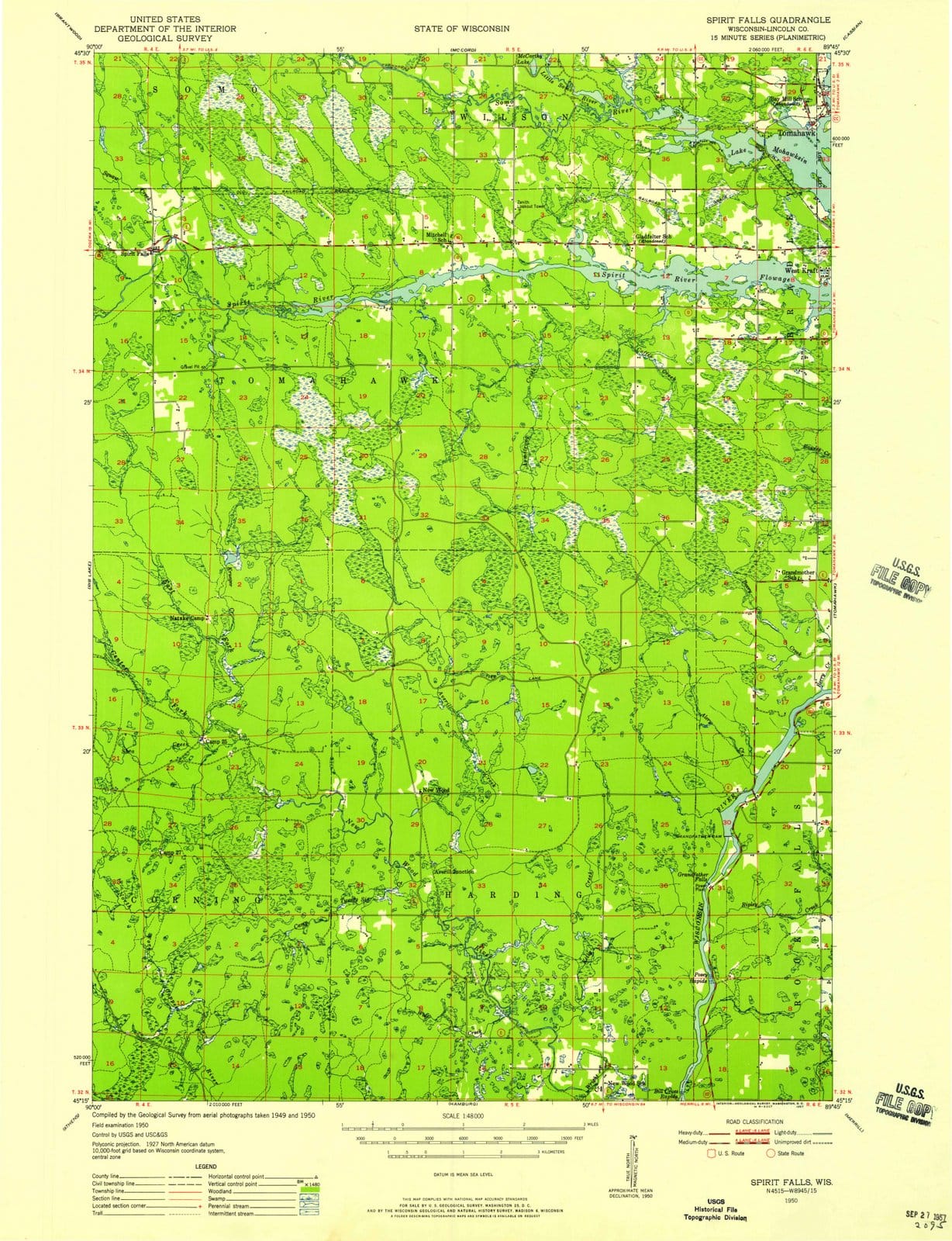 1950 Spirit Falls, WI - Wisconsin - USGS Topographic Map