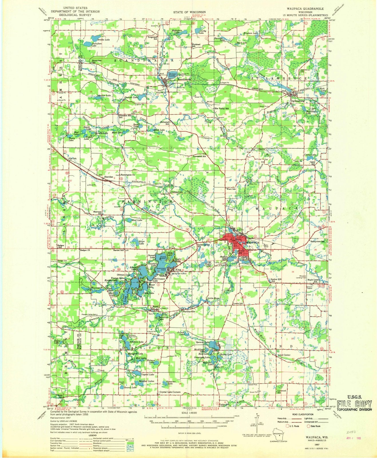1957 Waupaca, WI - Wisconsin - USGS Topographic Map