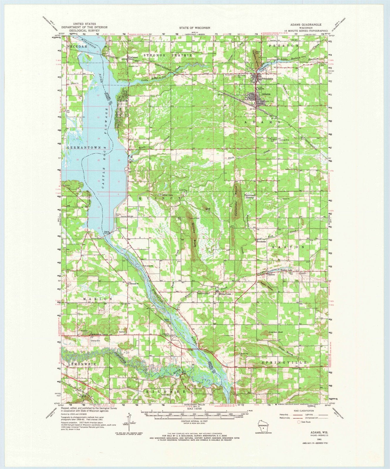 1961 Adams, WI - Wisconsin - USGS Topographic Map