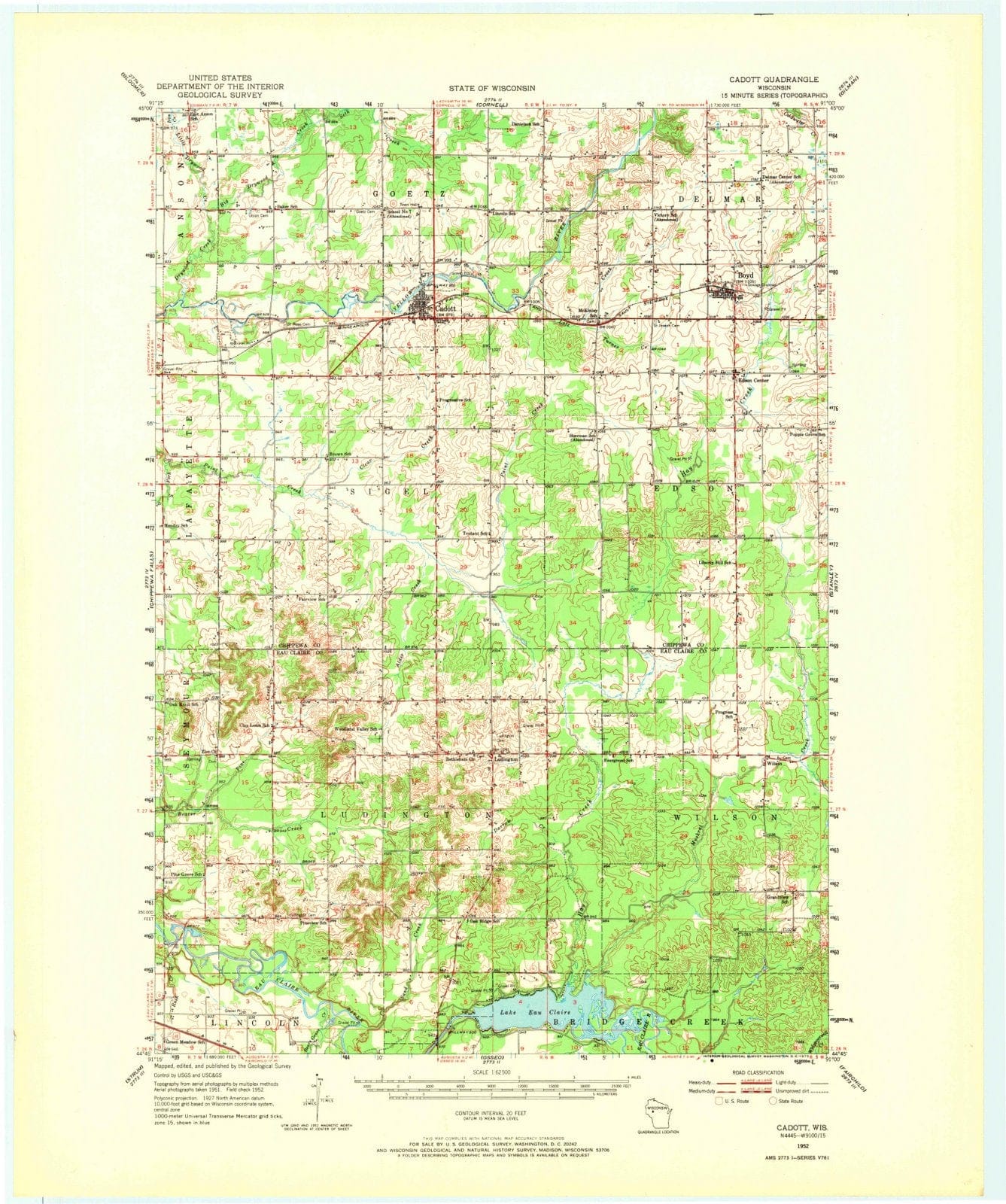 1952 Cadott, WI - Wisconsin - USGS Topographic Map