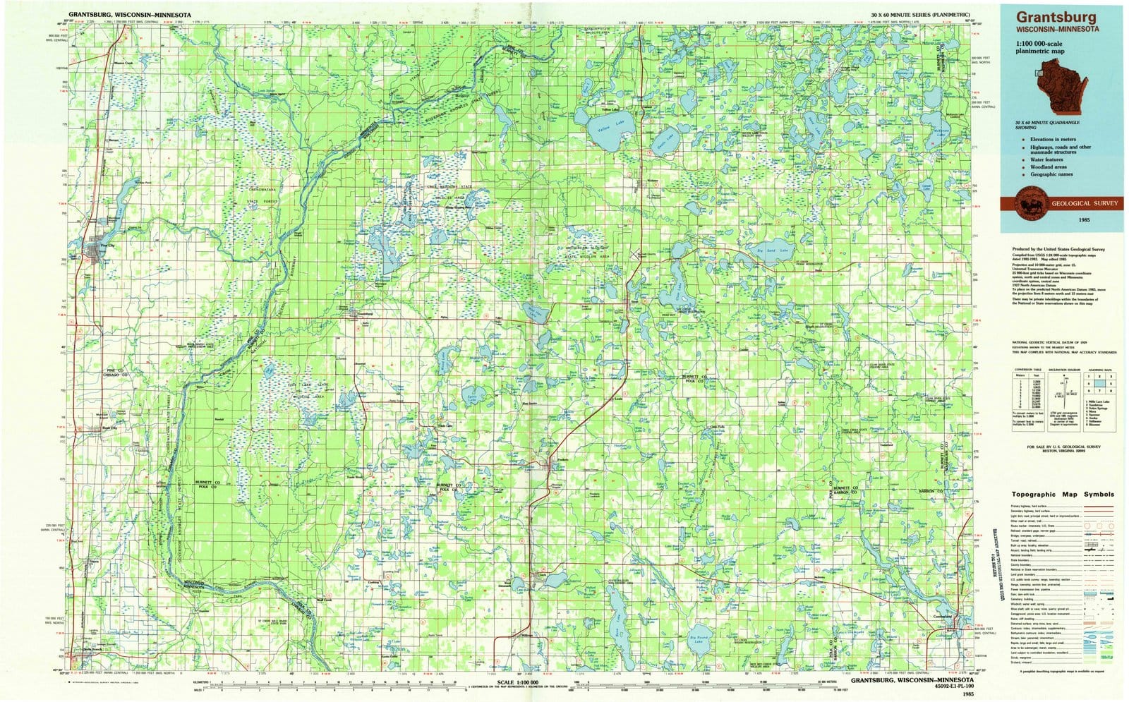 1985 Grantsburg, WI - Wisconsin - USGS Topographic Map