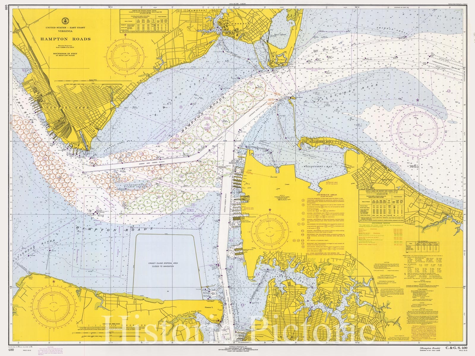 Historic Nautical Map - Hampton Roads, 1970 NOAA Chart - Virginia (VA) - Vintage Wall Art