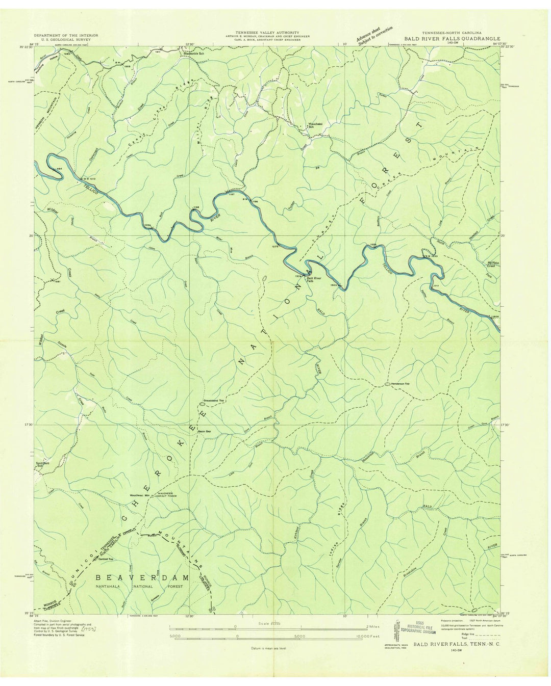 1933 Bald River Falls, TN - Tennessee - USGS Topographic Map