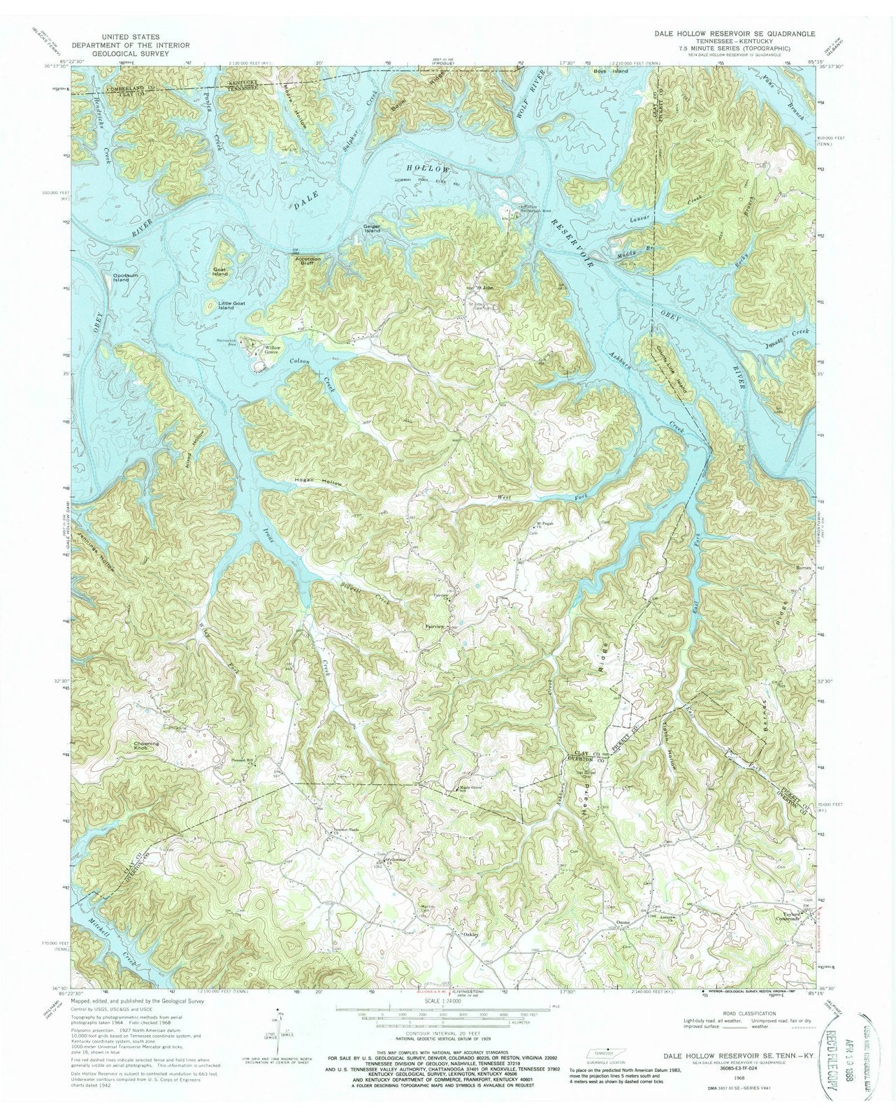 1968 Dale Hollow Reservoir, TN - Tennessee - USGS Topographic Map