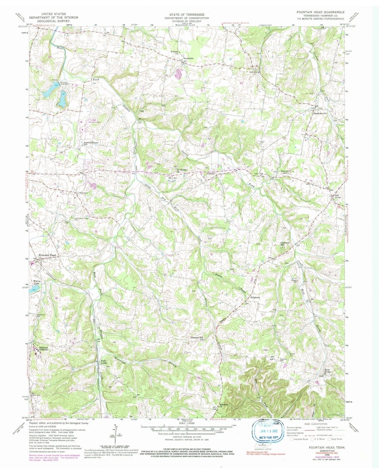 1958 Fountain Head, TN - Tennessee - USGS Topographic Map