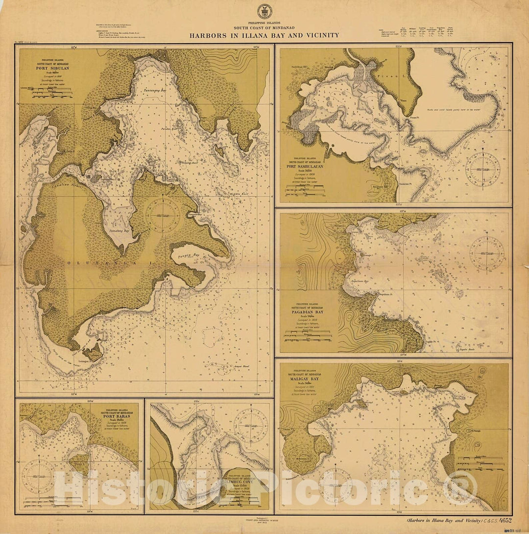 Historic Nautical Map - South Coast Of Mindanao Harbors In Illana Bay And Vicinity, 1912 NOAA Chart - PHVintage Wall Art