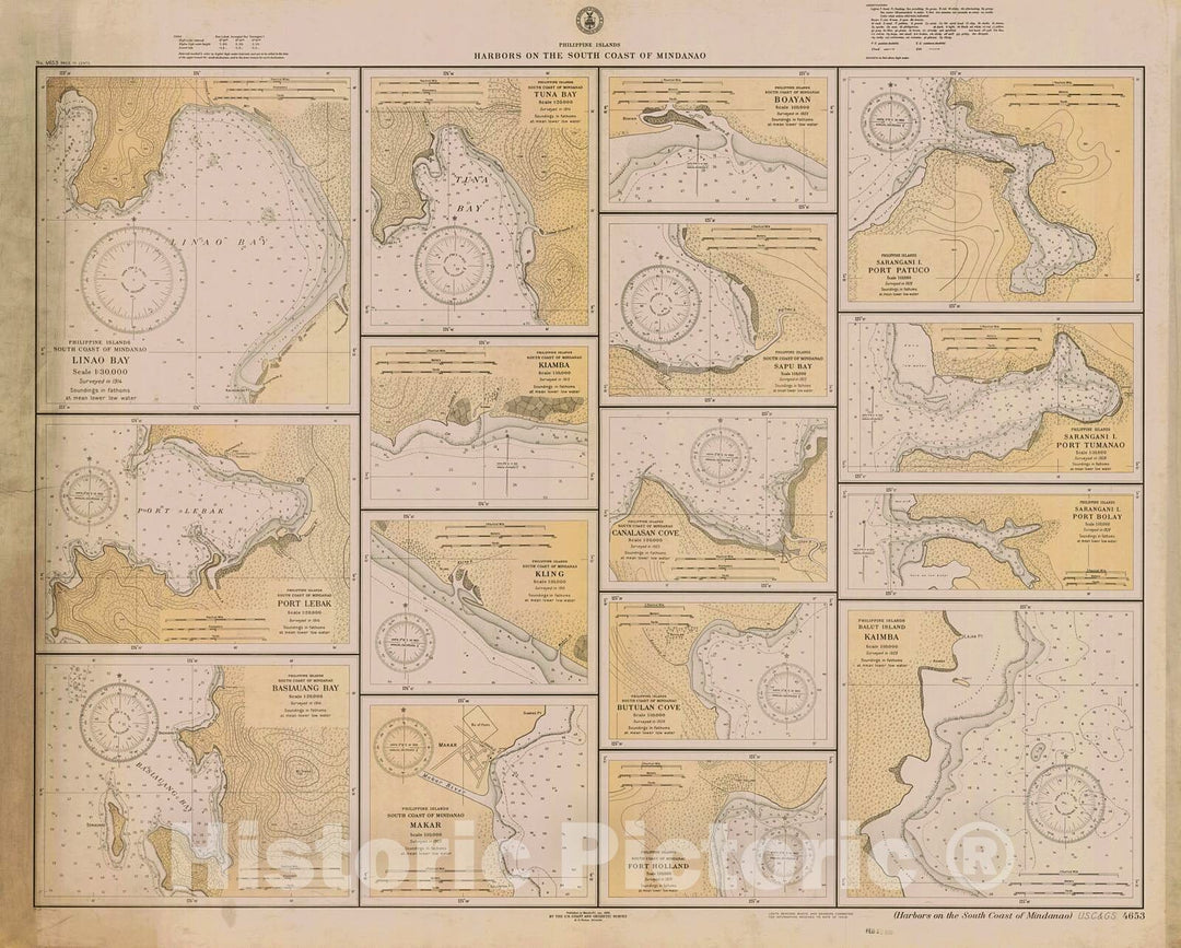 Historic Nautical Map - Harbors On The South Coast Of Mindanao, 1933 NOAA Chart - PHVintage Wall Art