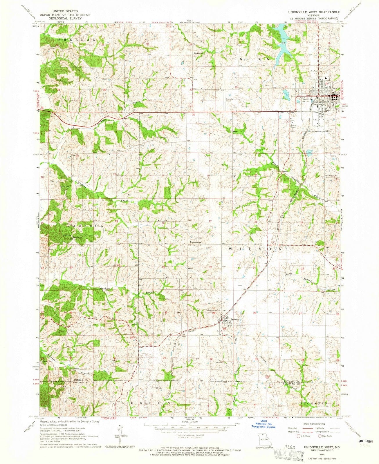 1964 Unionville West, MO - Missouri - USGS Topographic Map