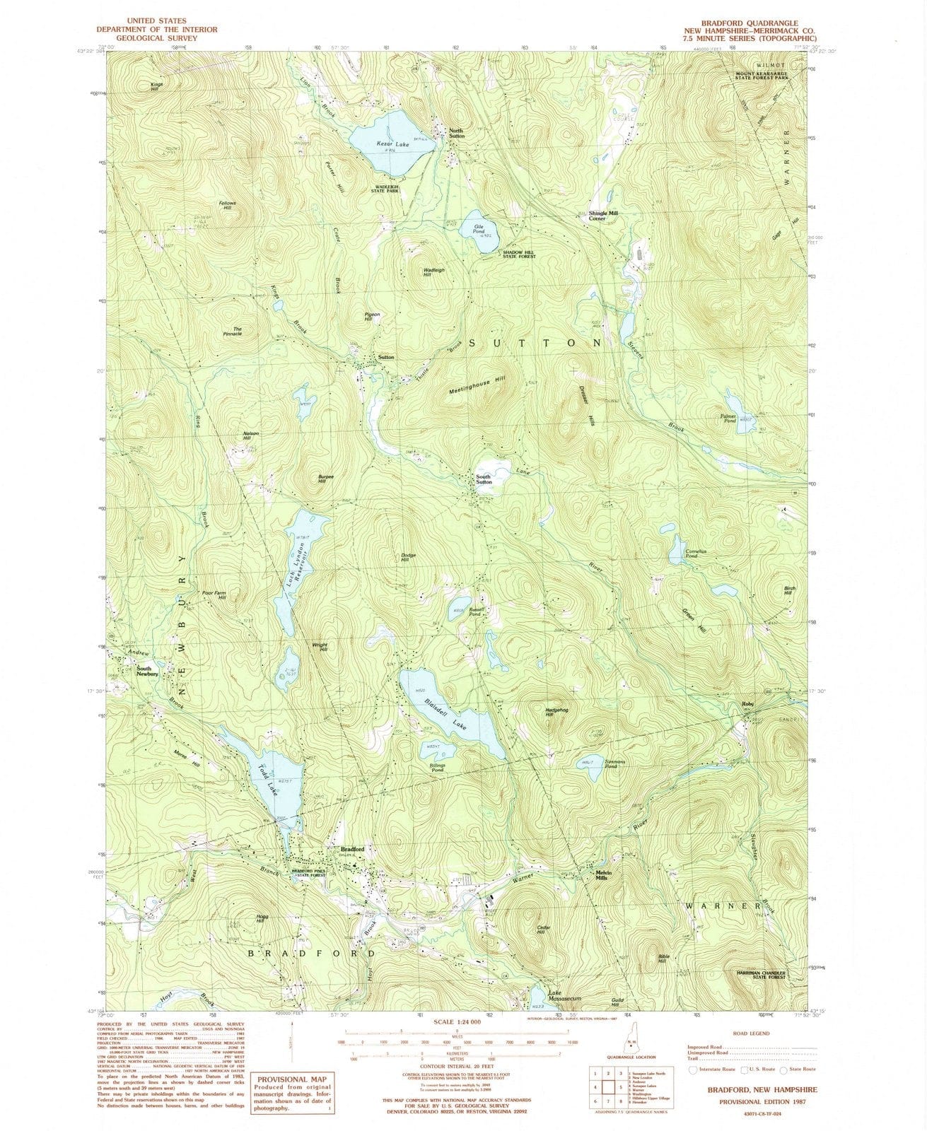 1987 Bradford, NH - New Hampshire - USGS Topographic Map