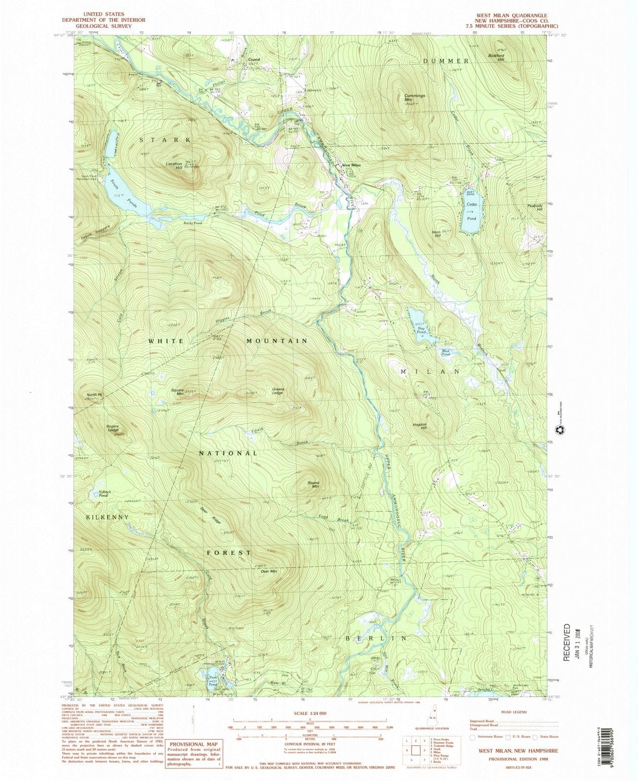 1988 West Milan, NH - New Hampshire - USGS Topographic Map