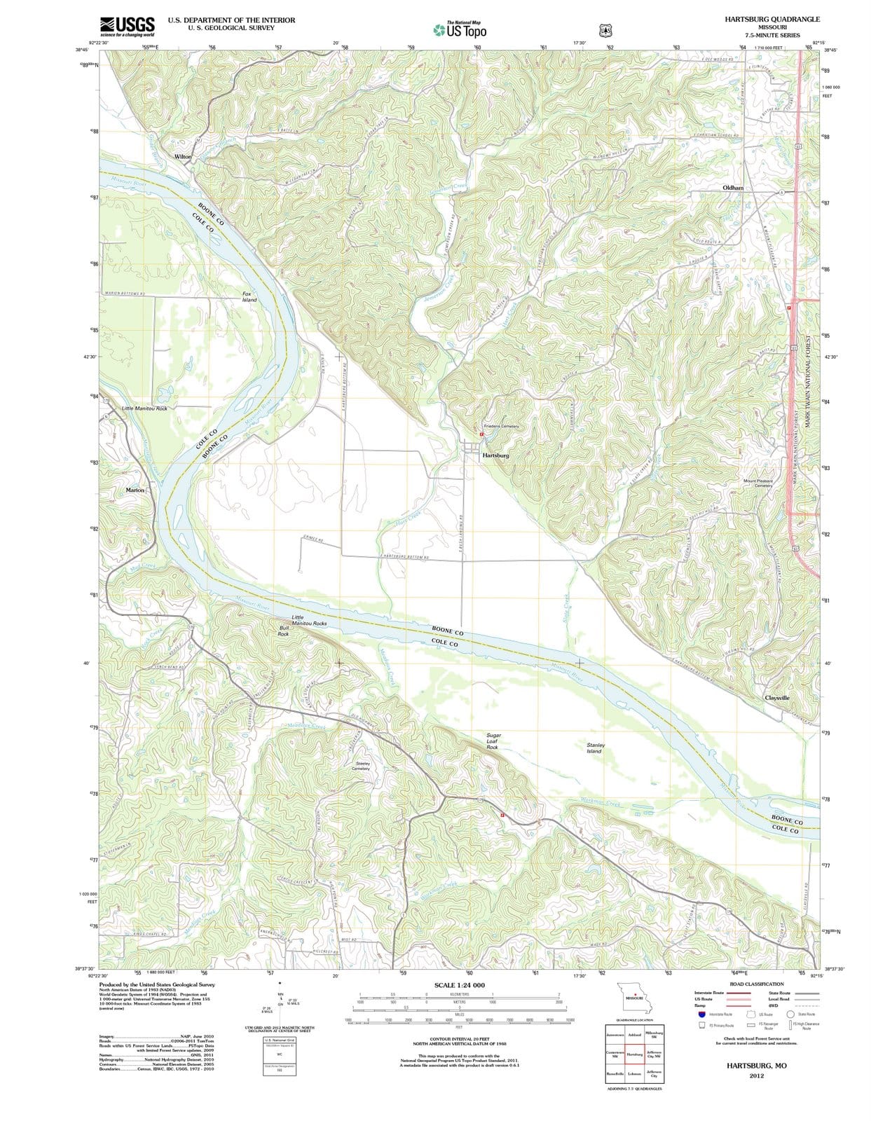 2012 Hartsburg, MO - Missouri - USGS Topographic Map