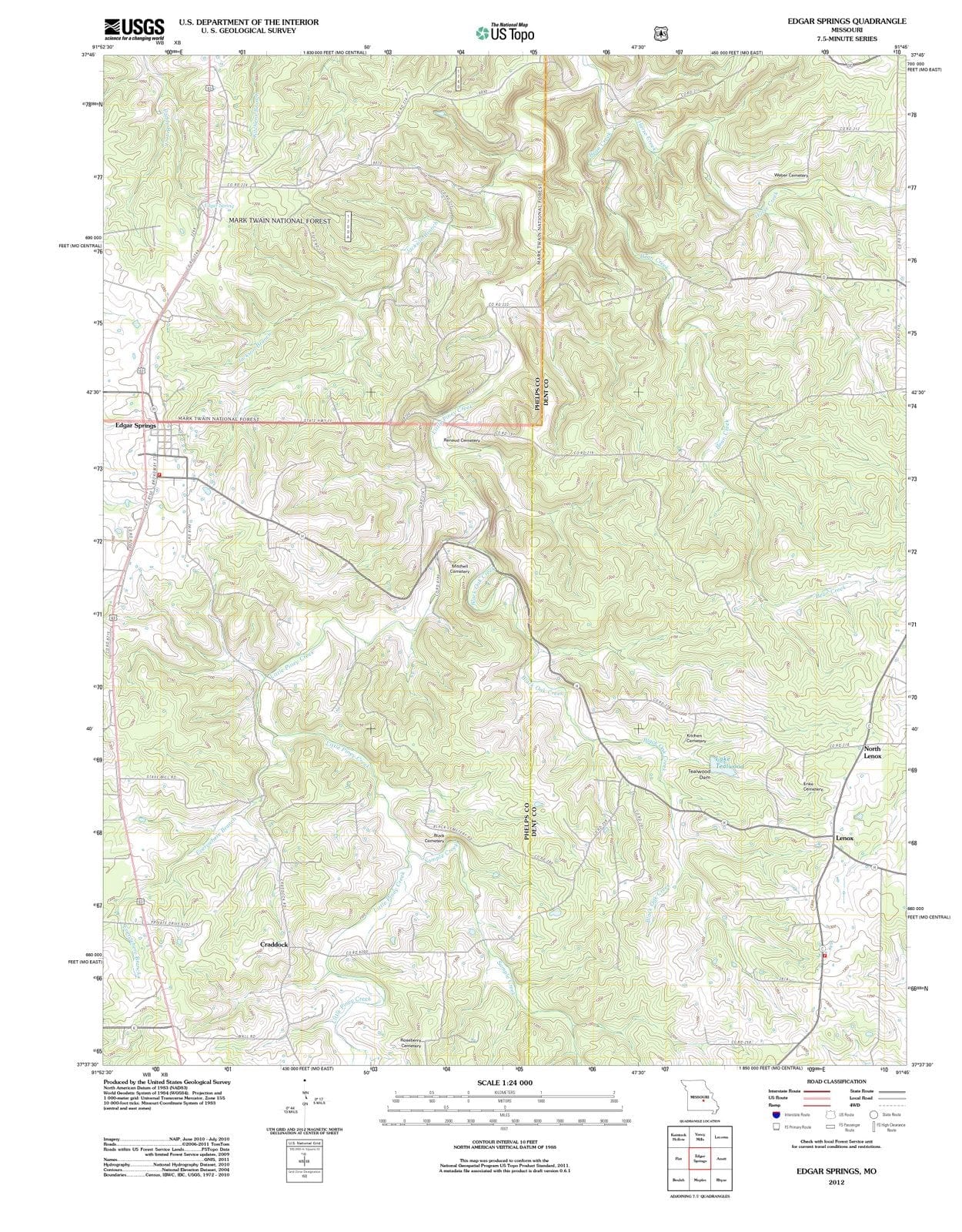 2012 Edgar Springs, MO - Missouri - USGS Topographic Map