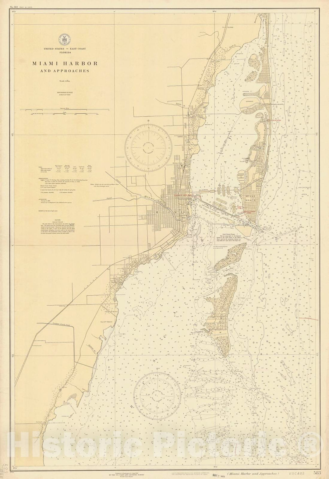 Historic Nautical Map - Miami Harbor And Approaches, 1928 NOAA Chart - Florida (FL) - Vintage Wall Art
