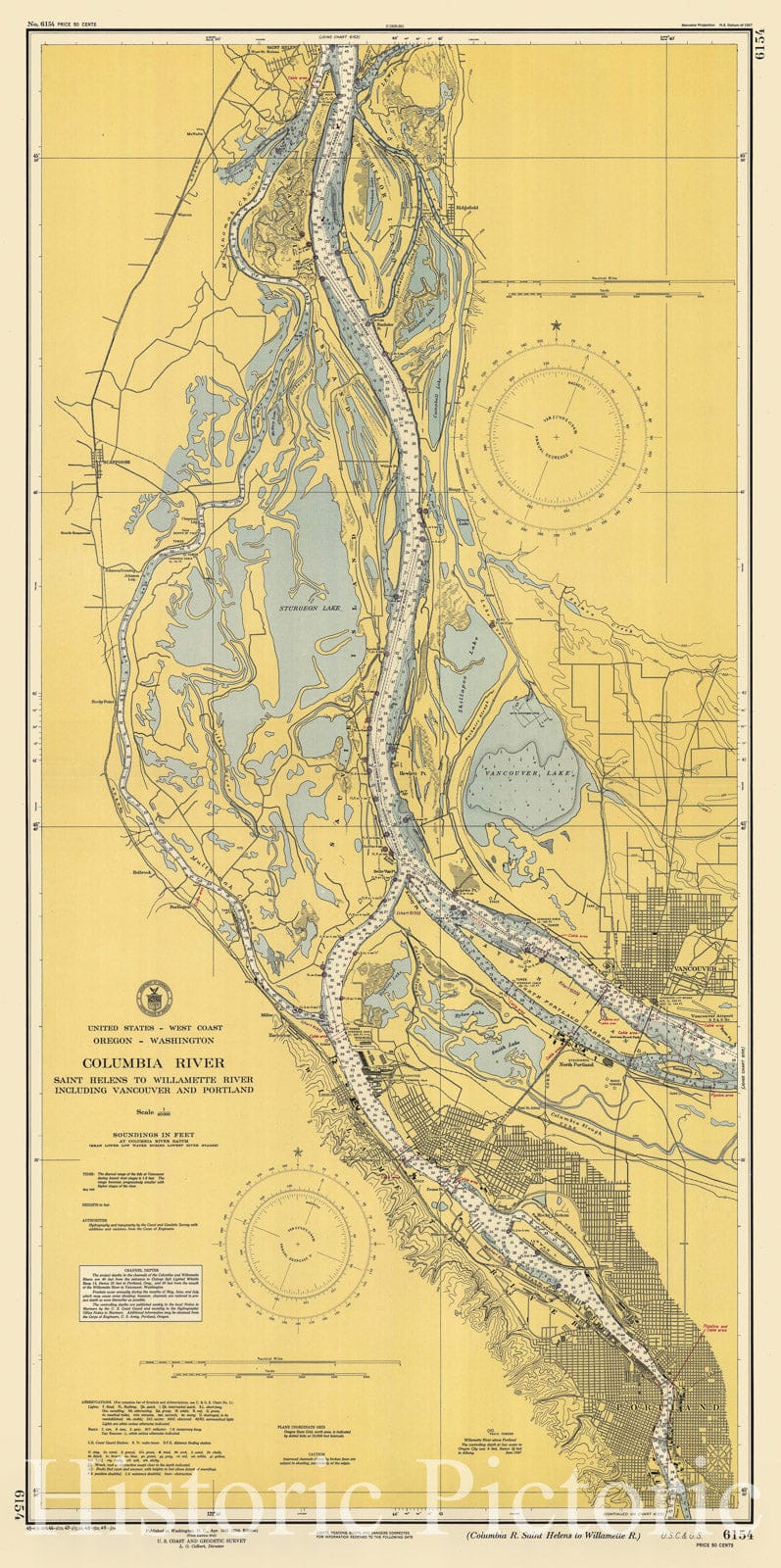 Historic Nautical Map - Columbia River - Saint Helens To Willamette River, 1949 NOAA Chart - Oregon (OR) - Vintage Wall Art