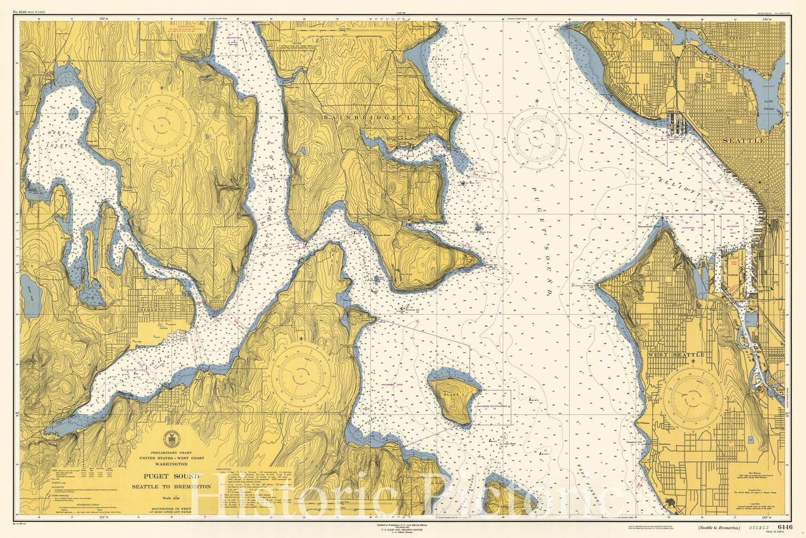 Historic Nautical Map - Seattle To Bremerton, 1948 NOAA Chart - Washington (WA) - Vintage Wall Art