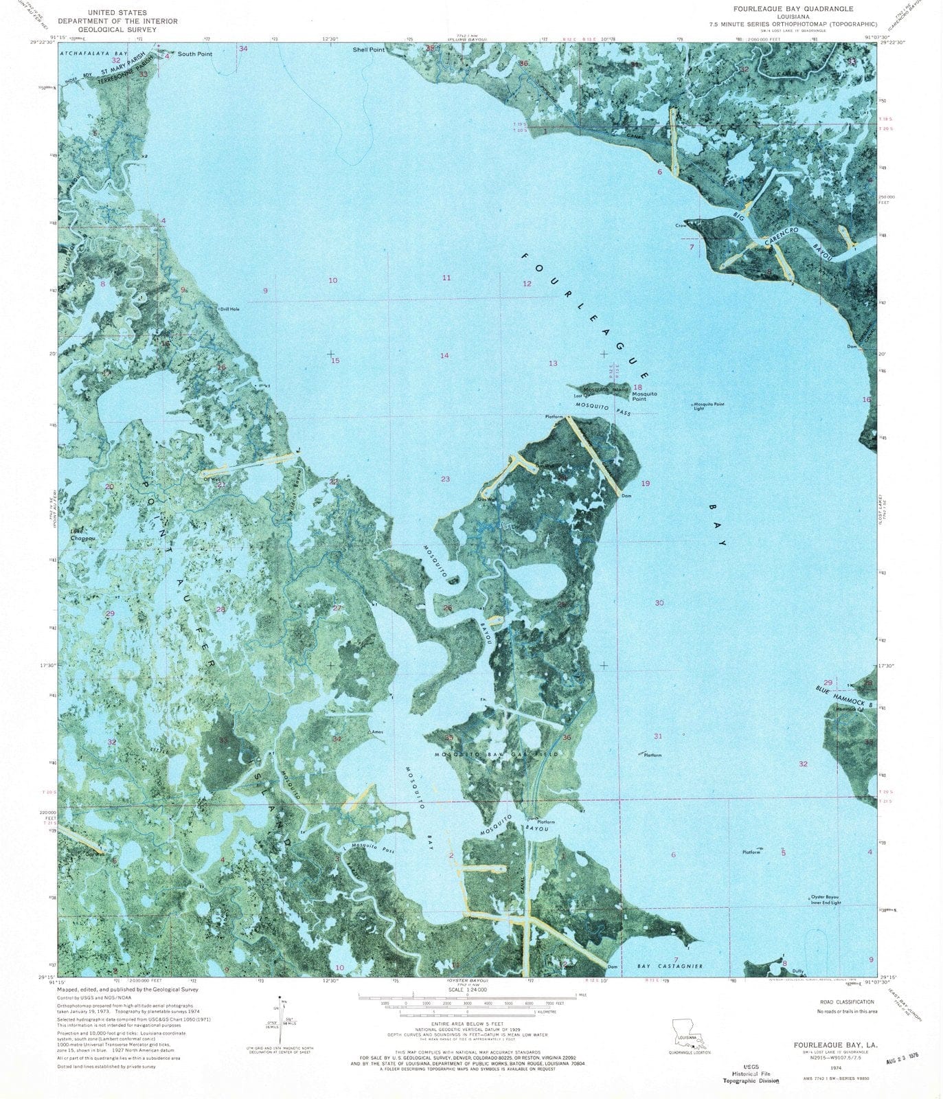 1974 Fourleague Bay, LA - Louisiana - USGS Topographic Map