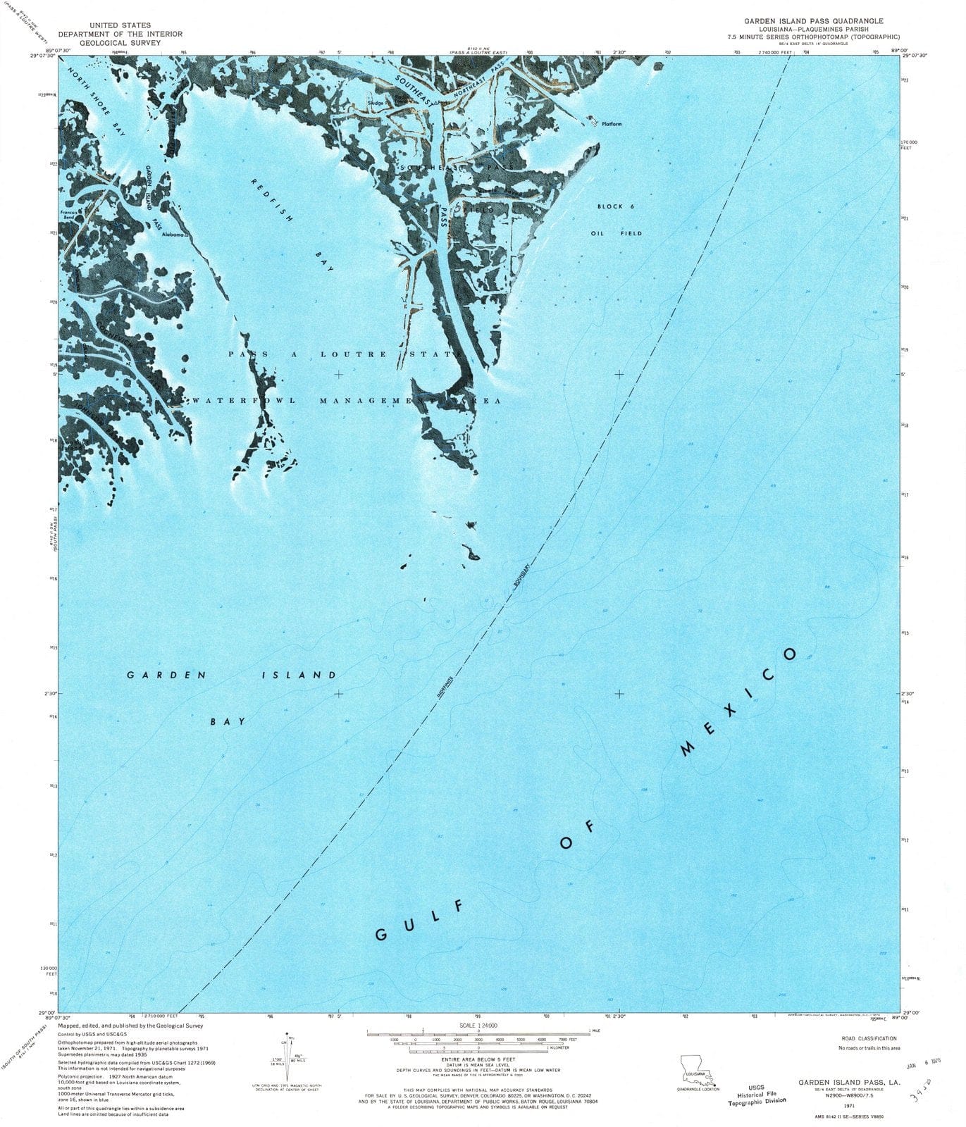 1971 Garden Island Pass, LA - Louisiana - USGS Topographic Map