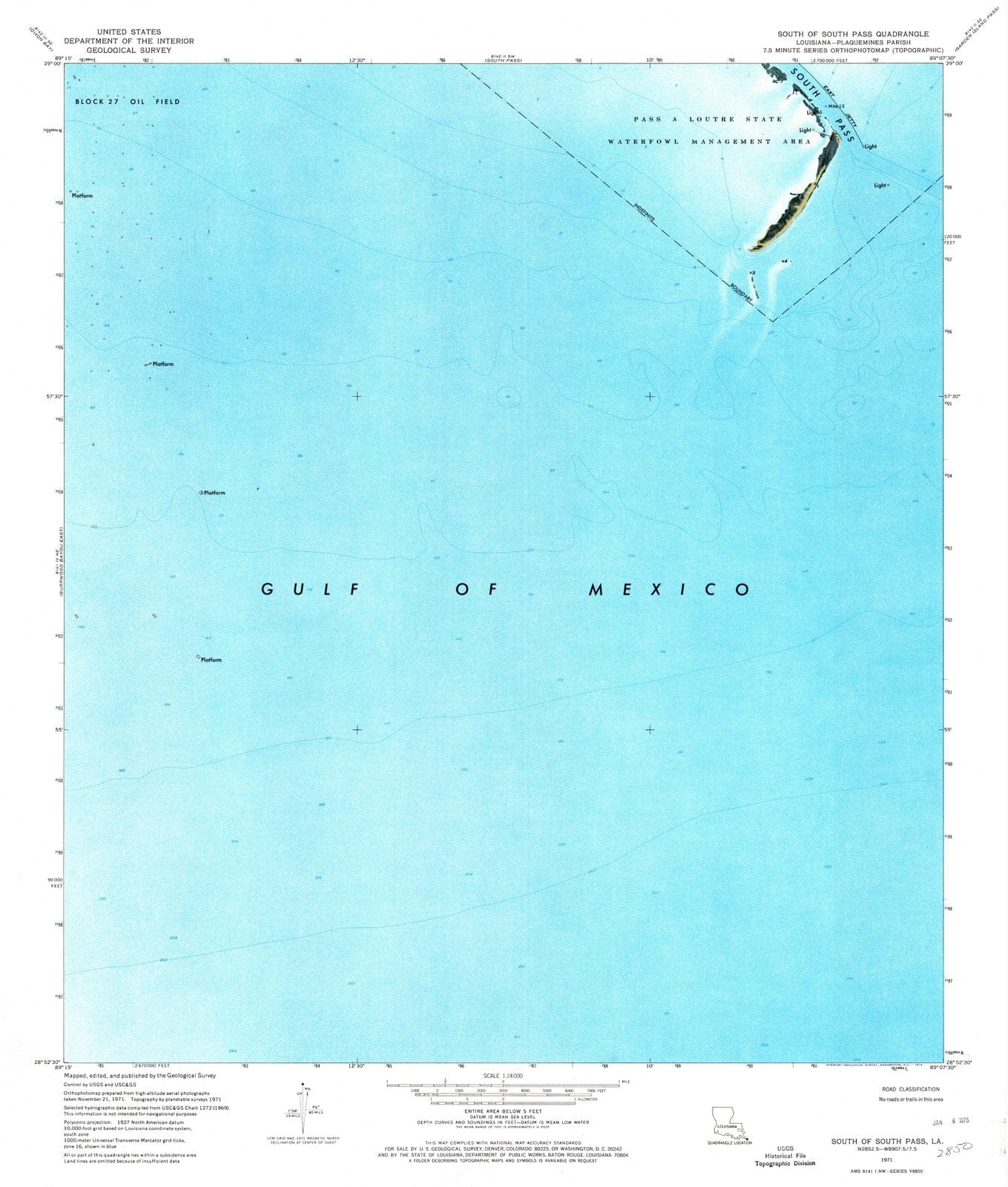 1971 South of South Pass, LA - Louisiana - USGS Topographic Map