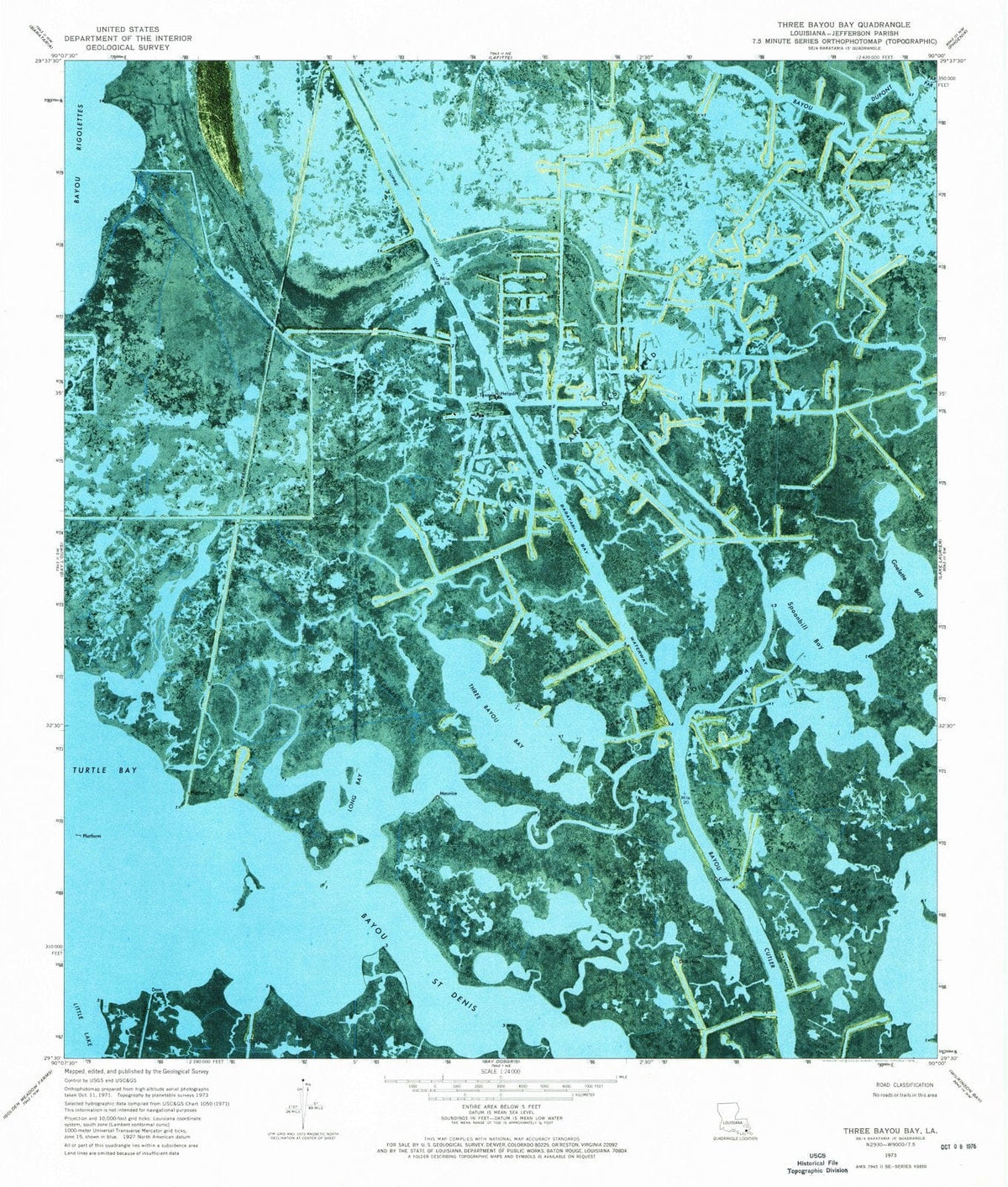 1973 Three Bayou Bay, LA - Louisiana - USGS Topographic Map