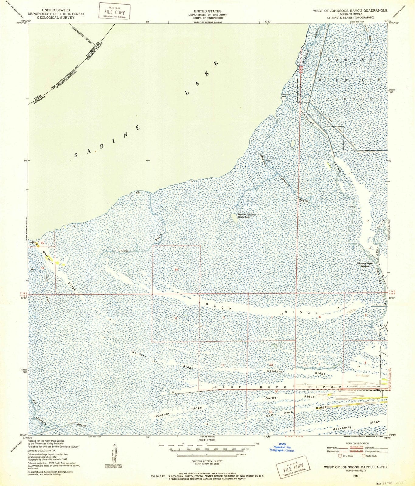 1943 West of Johnson Bayou, LA - Louisiana - USGS Topographic Map
